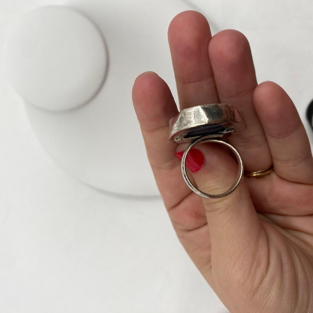 Large Stone Geode Silver Blue Adjustable Ring - image 4